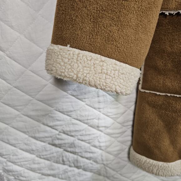 Vtg Y2K Sherpa Lined Brown Vegan Leather Jacket Long Hippie Womens Medium Toggle - Picture 6 of 8